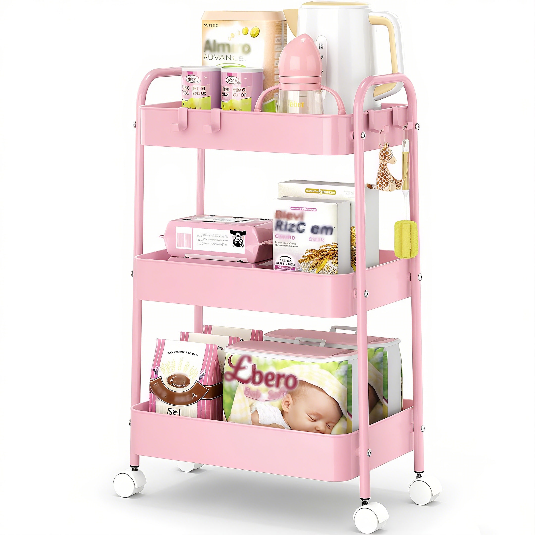Baby Nursery Cart - 3 Tier Metal Rolling Cart With