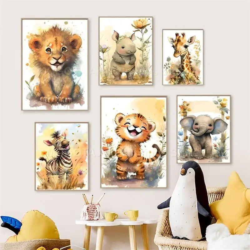Baby Nursery Wall Art - Watercolor Lion Giraffe Tiger Elephant Zebra