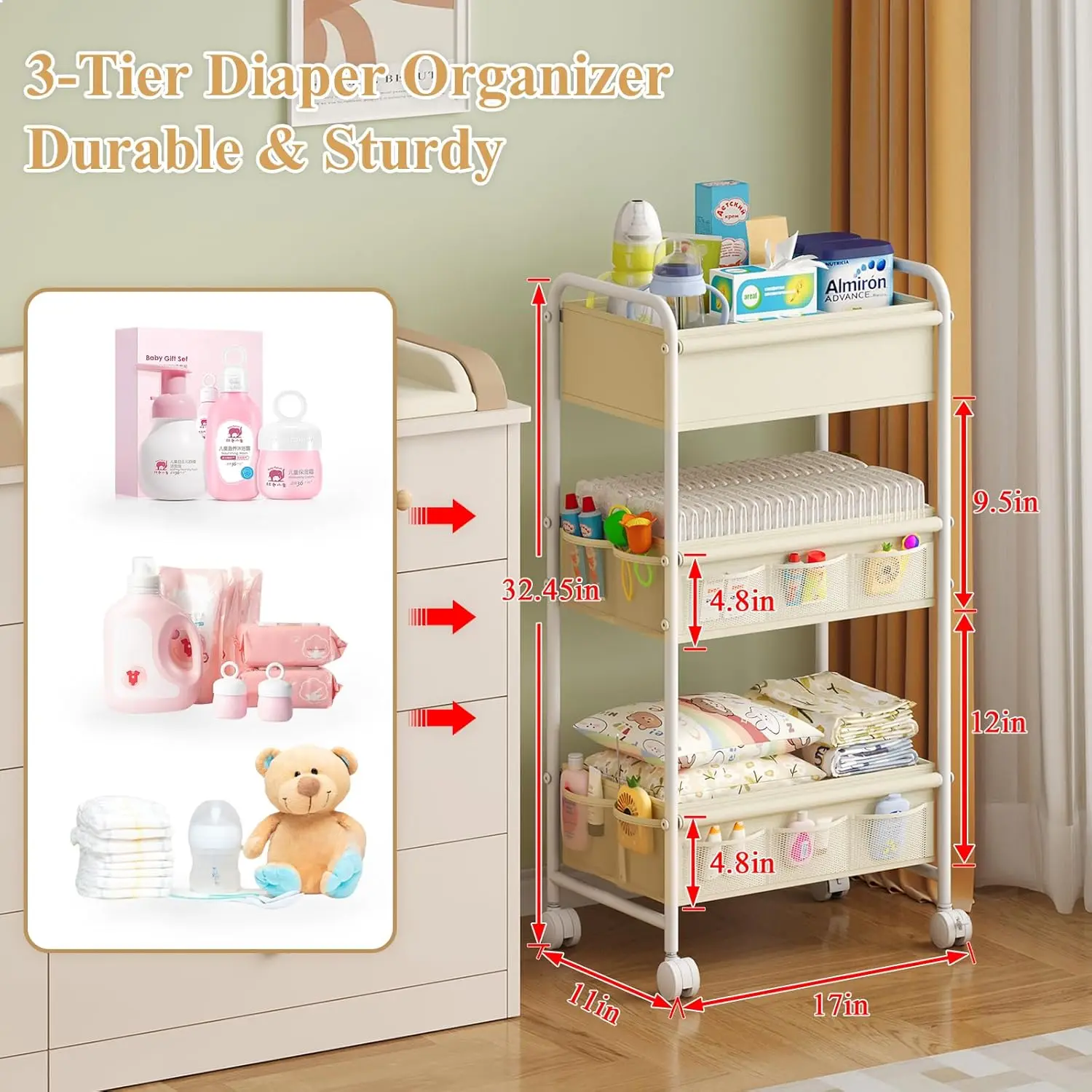 3 Tier Baby Diaper Caddy Cart  - Baby Nursery Cart 评论和价格