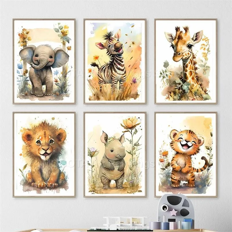 Watercolor Lion Giraffe Tiger  - Baby Nursery Wall Art 评论和价格