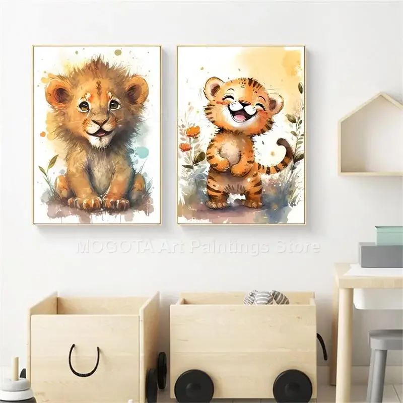 Watercolor Lion Giraffe Tiger  - Baby Nursery Wall Art 评论和价格